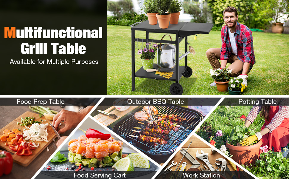 Movable Outdoor Grill Cart with Folding Tabletop and Hooks